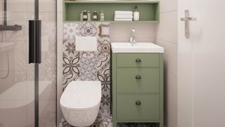 Shower room with painted green cabinets and sink unit