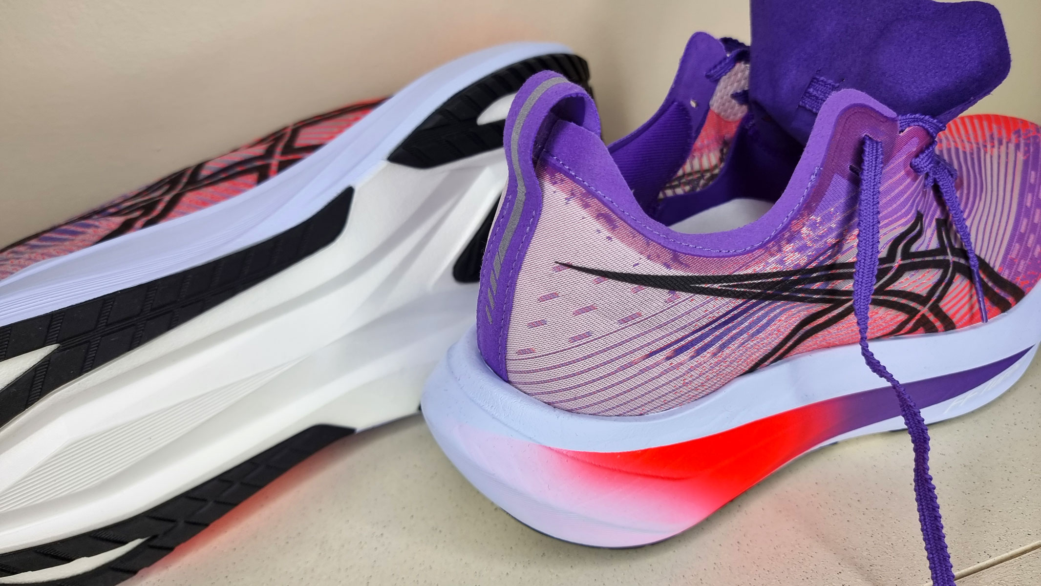 A close-up picture of our reviewer's Asics Megablast running shoes