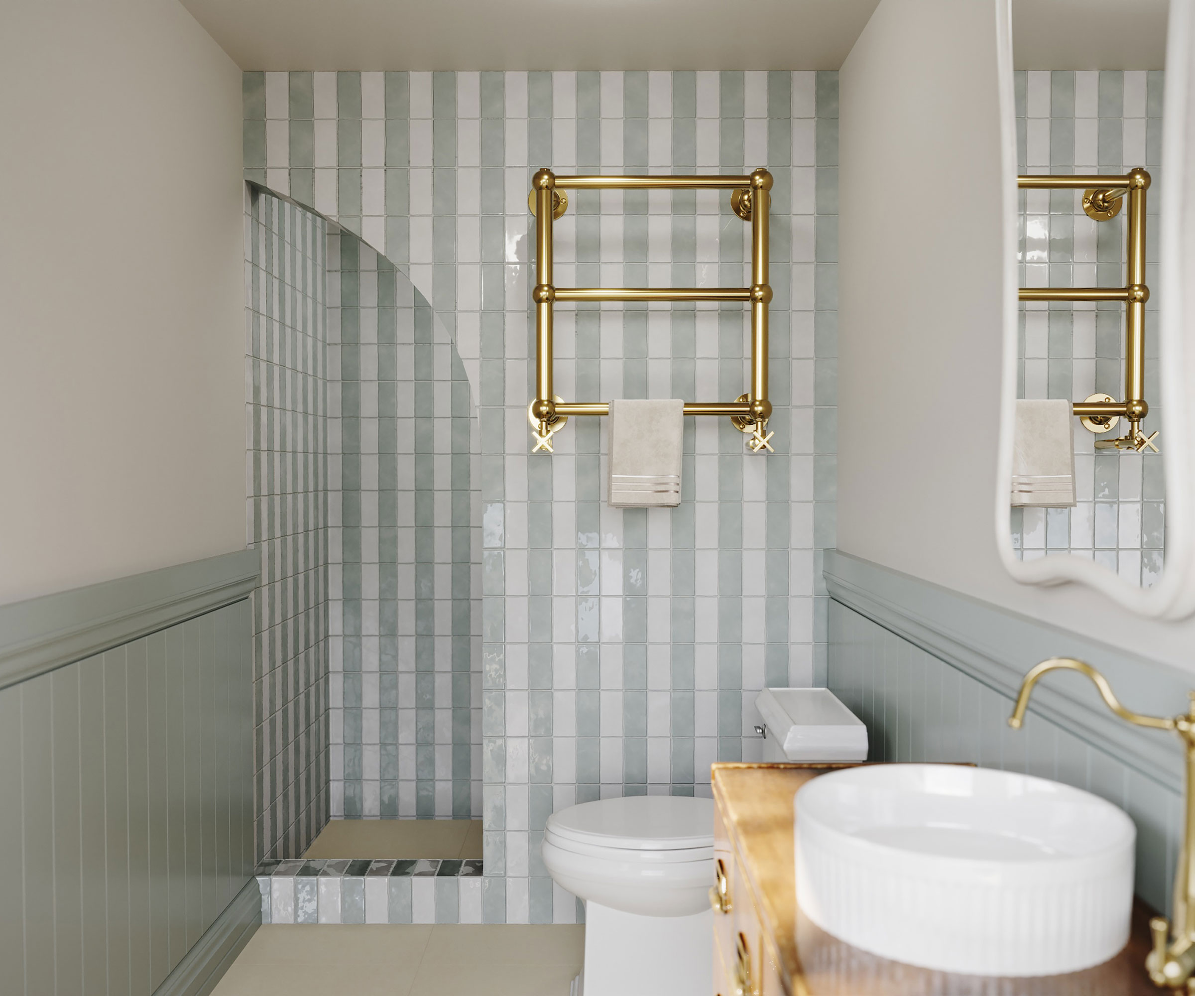 small shower room with blue and white rectangular wall tiles