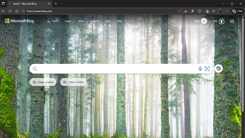Screenshot of Microsoft Edge open to Bing