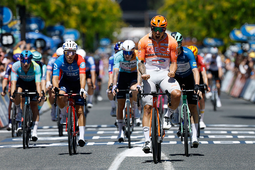 NAIRNE, AUSTRALIA - JANUARY 23: Sam Welsford of Australia and Team INEOS Grenadiers (R) celebrates at finish line as stage winner during the 26th Santos Tour Down Under 2026, Stage 3 a 140.8km stage from Henley Beach to Nairne / #UCIWT / on January 23, 2026 in Nairne, Australia. (Photo by Con Chronis/Getty Images)