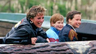 Princess Diana on the log flume ride at Thorpe Park with her sons Prince William and Harry they're all smiling and wet from the water slide