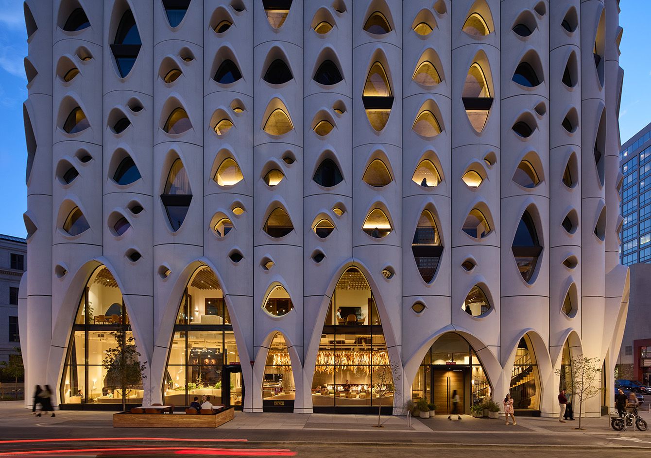 hotel façade dotted with openings