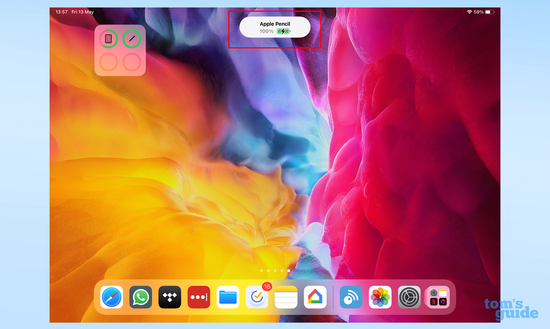 iPad home screen, showing Apple Pencil 2nd generation charging indicator