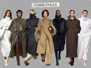A collage of funnel-neck looks from the F/W 24 runways, with images from Stella McCartney, Chloé, Victoria Beckham, Burberry, Proenza Schouler, Ferragamo, and Bevza