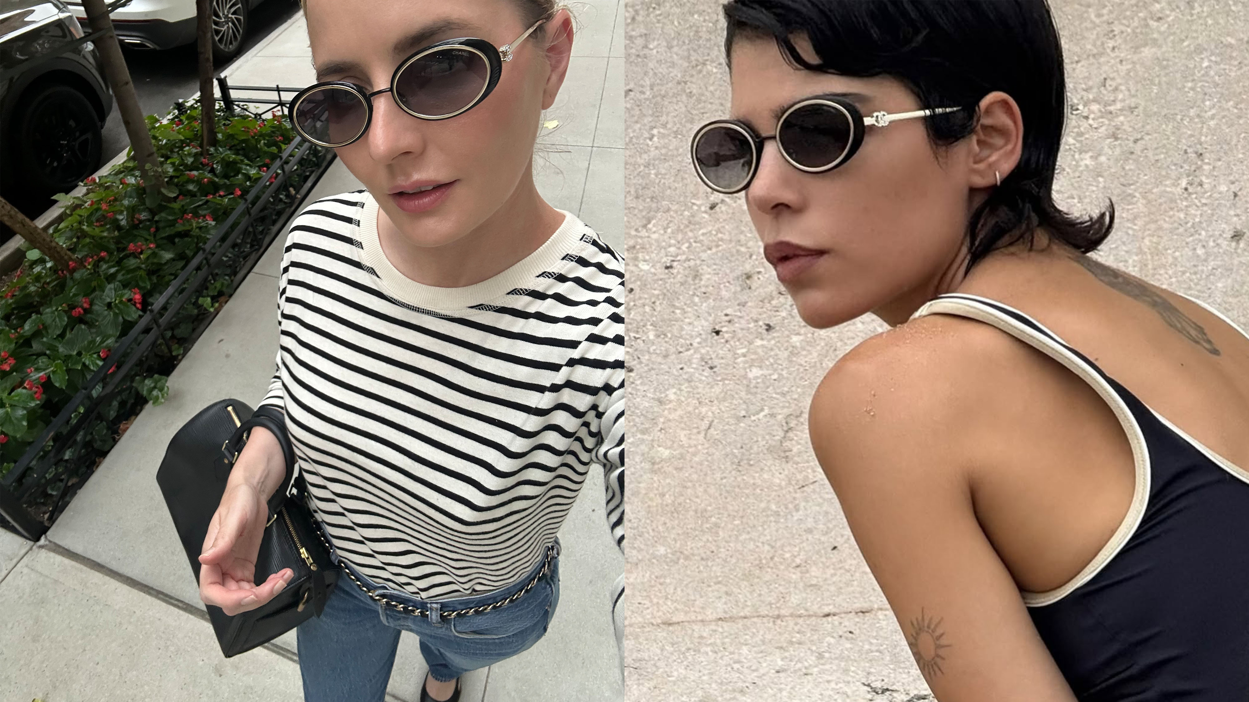 Collage of two women wearing Chanel sunglasses.