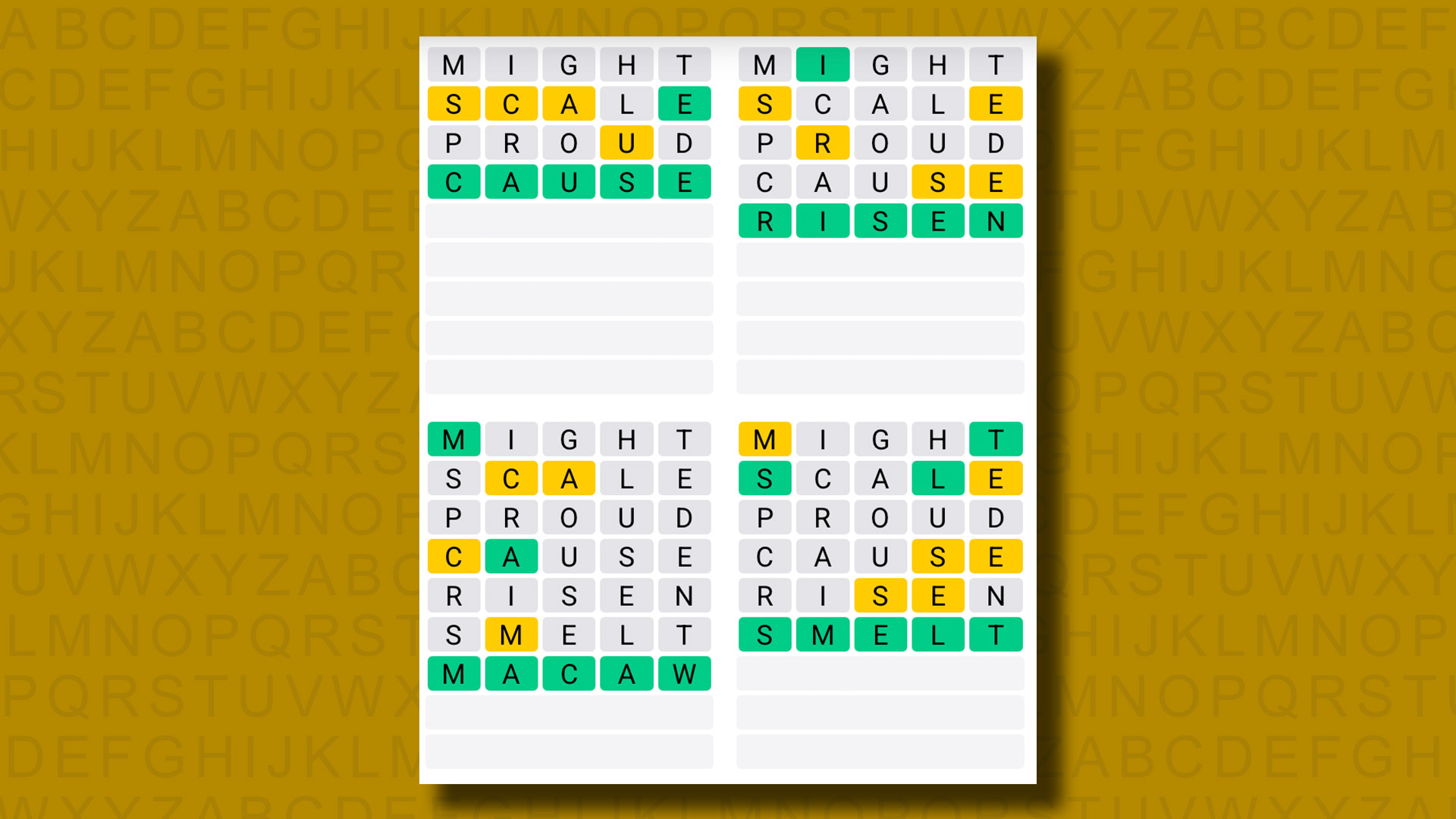 Quordle answers for game 1194 on a yellow background