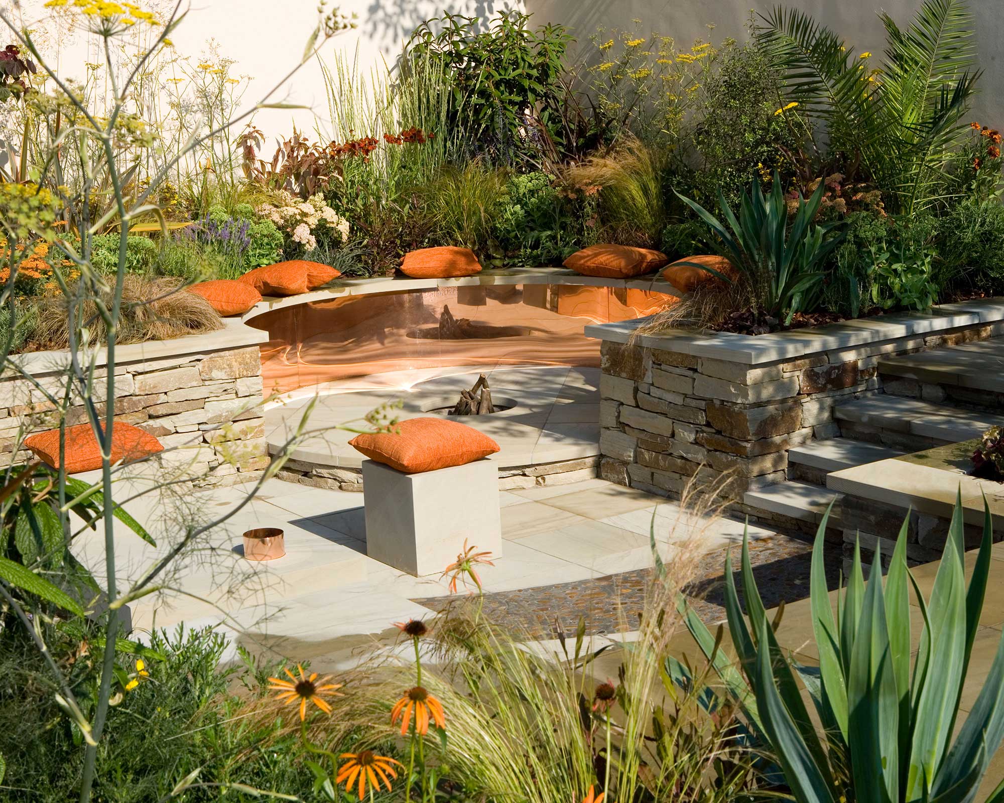 modern patio with sunken fire pit
