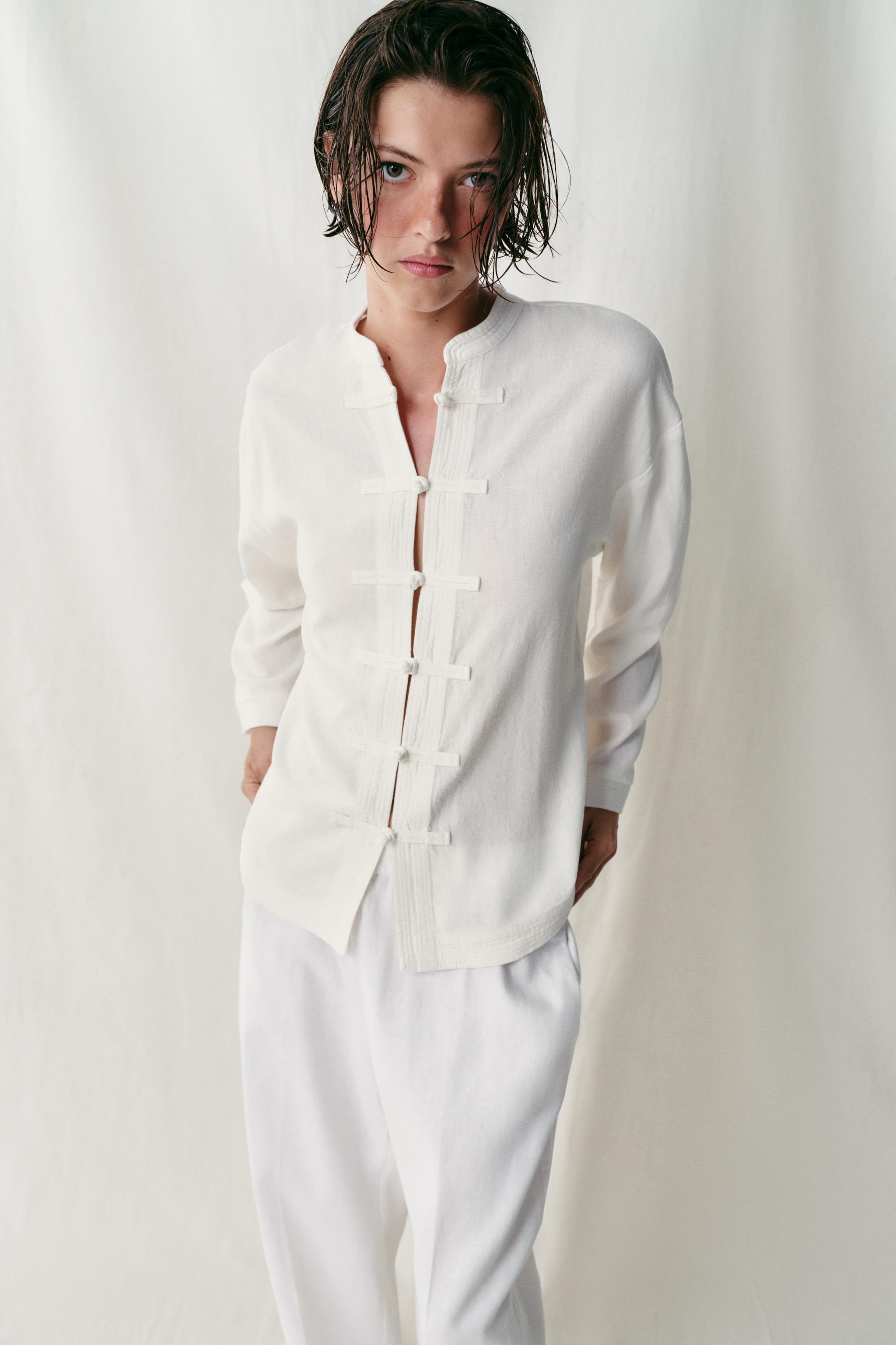 Linen Blend Oversize Shirt With Frog Fastening - White - Xs