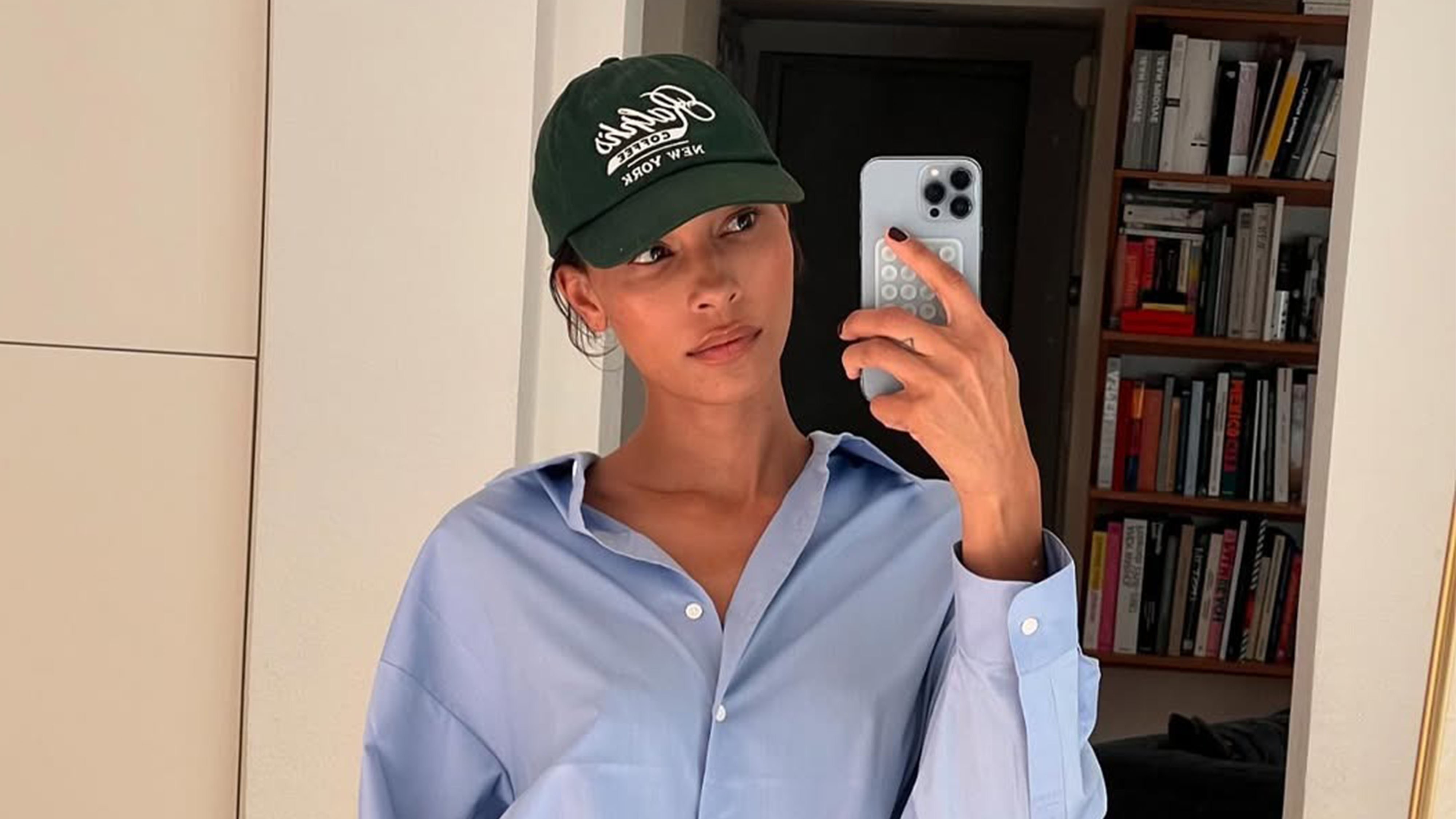 Button-up shirt and baseball hat outfit