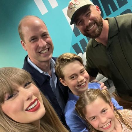 Taylor Swift poses for a selfie with Prince William, Prince George, Princess Charlotte, and Travis Kelce at the Eras Tour in 2024