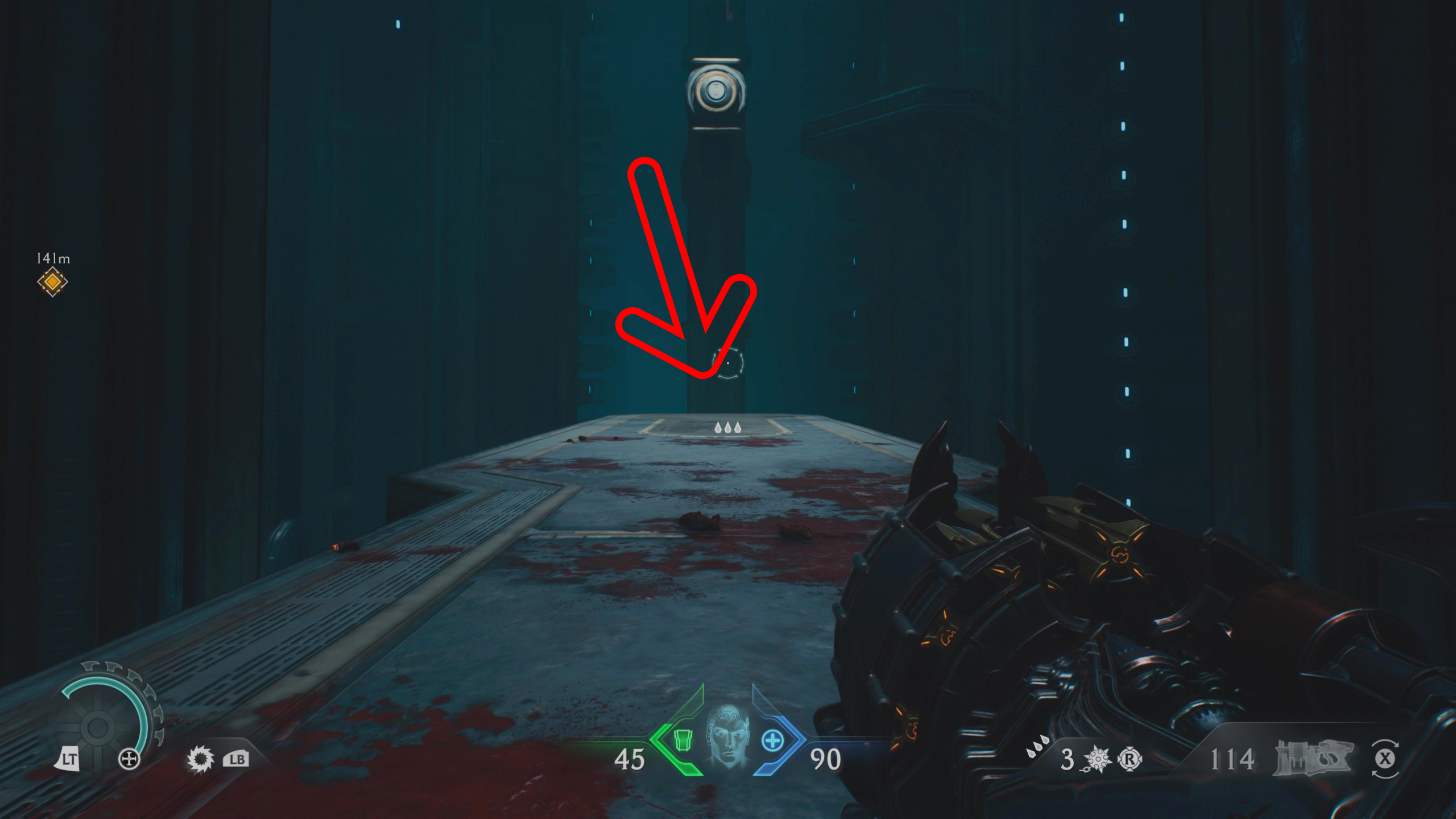 Doom: The Dark Ages Ancestral Forge secrets - An arrow pointing to a hidden ledge in a sci-fi hallway.