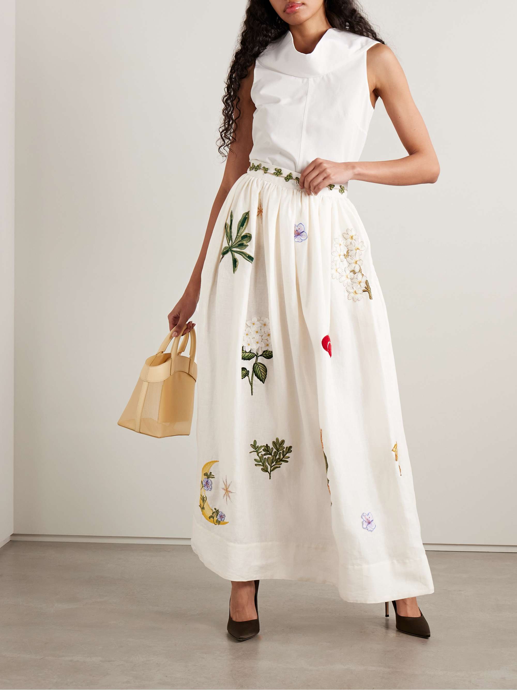 Tangelo Appliquéd Embroidered Linen Maxi Skirt