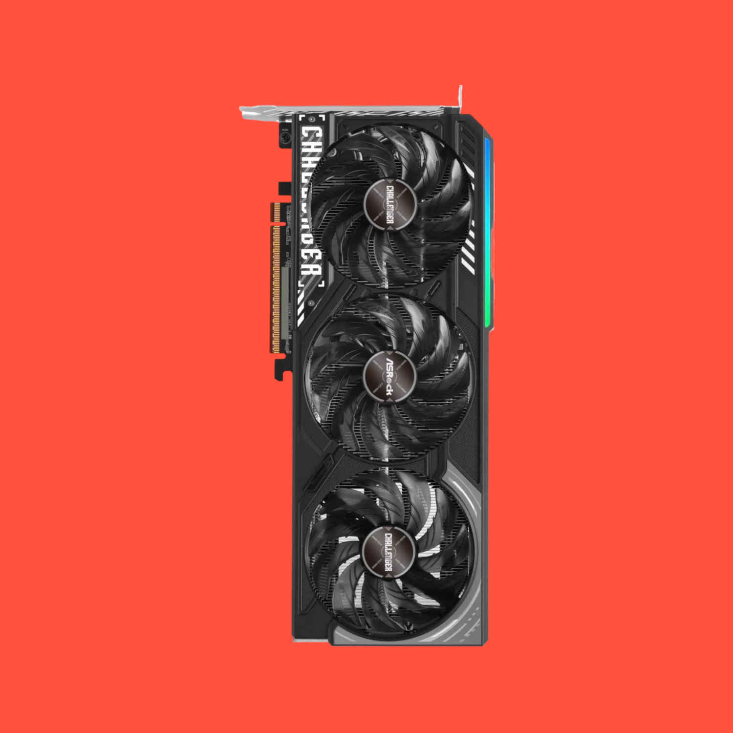 An image of an ASRock Radeon RX 9070 graphics card against a bright red background.