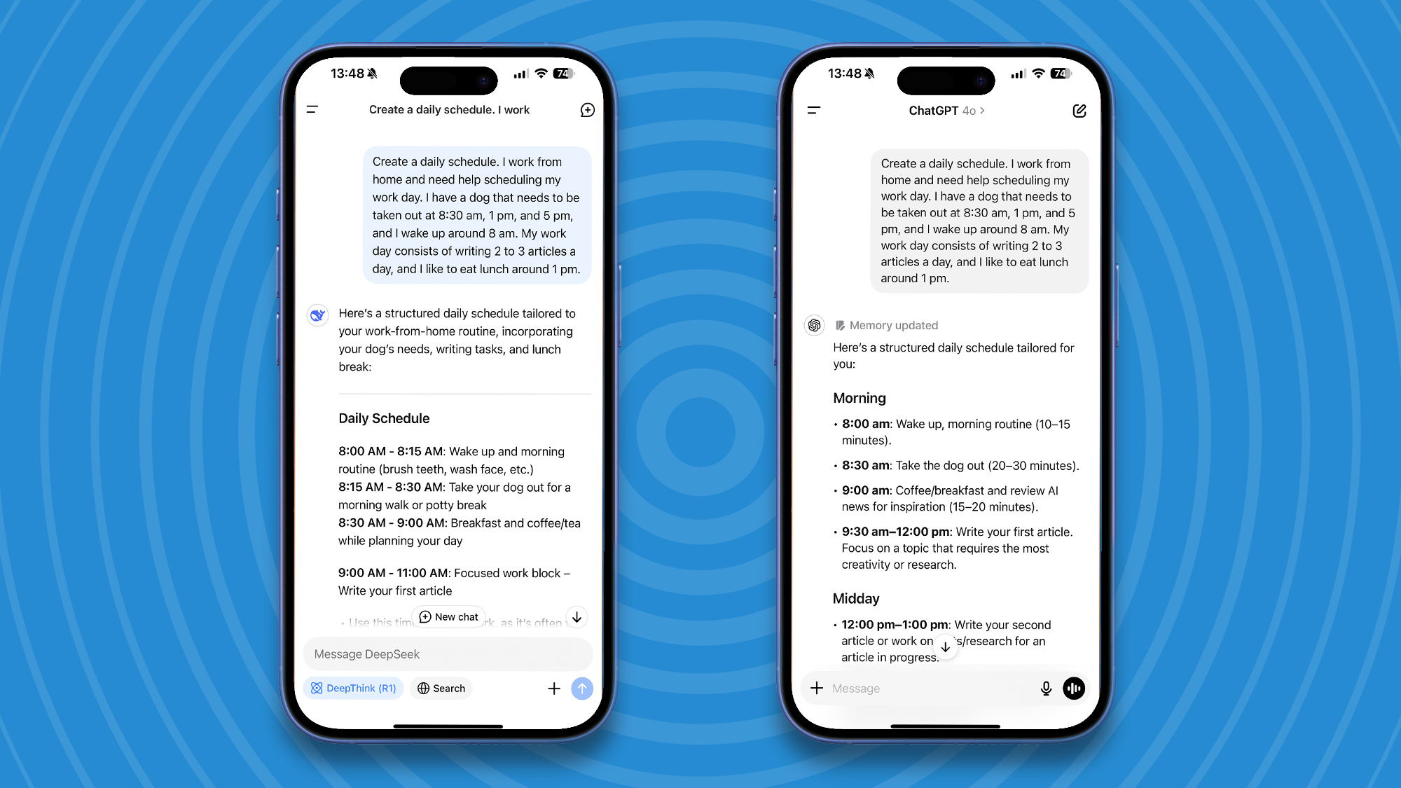 Create a daily schedule Deepseek (left) ChatGPT (right)