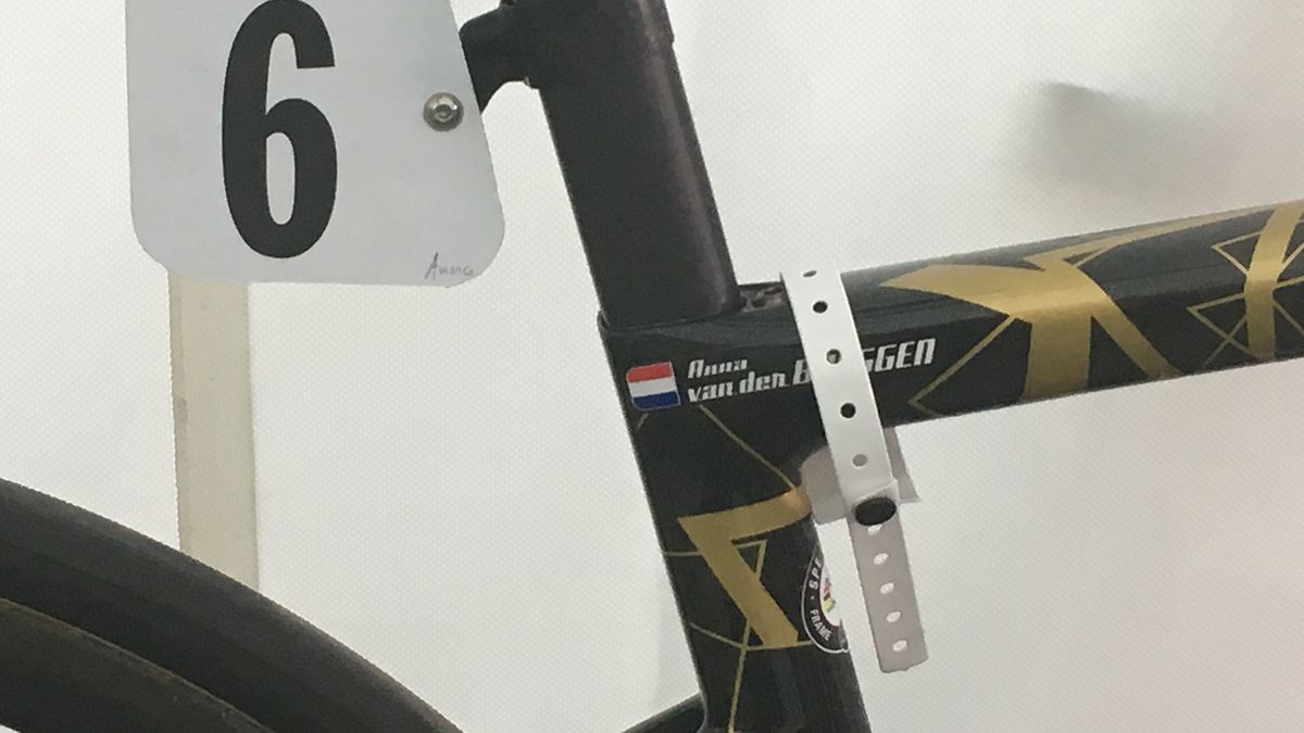 Tags are tied to bike at the race finish to ensure the correct bike is marked for any post-race commisaires' checks