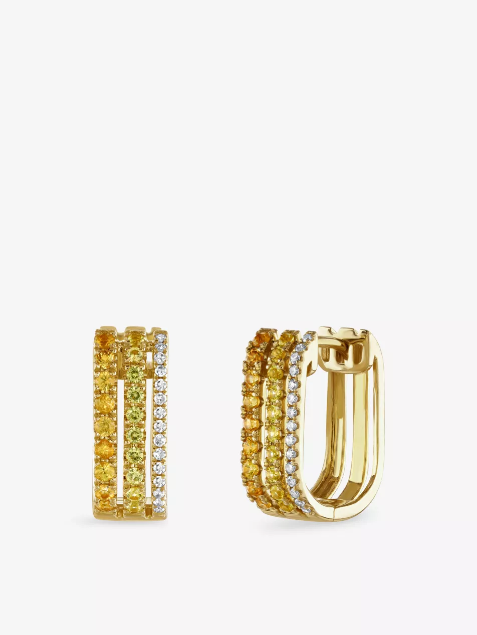 Triple Row 14ct Yellow Gold, 0.04ct Diamond and 0.25ct Yellow Sapphire Hoop Earring