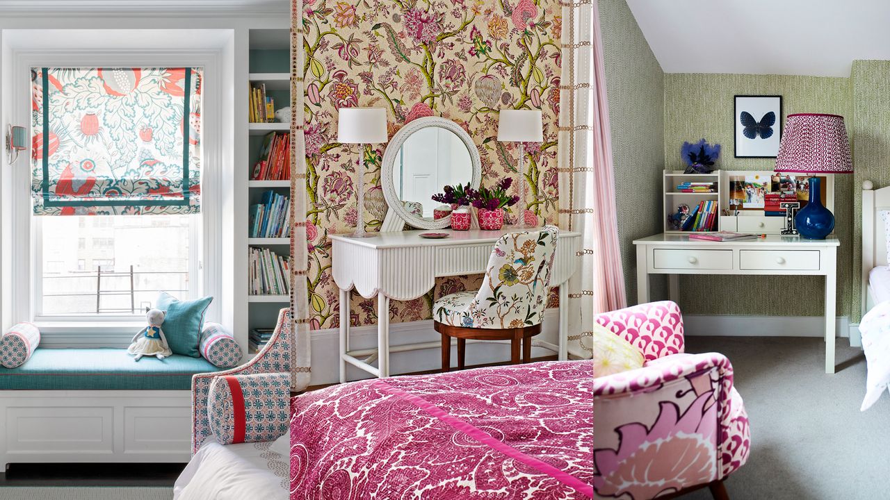 A montage of girls&#039; bedroom ideas in blue, pink and pale green.