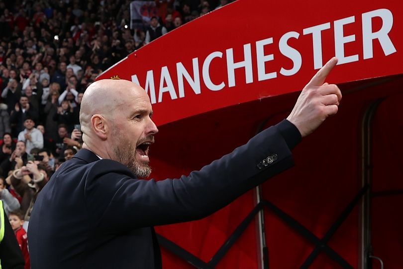 Manchester United manager Erik ten Hag celebrates after his side&#039;s FA Cup victory over Liverpool in March 2024.