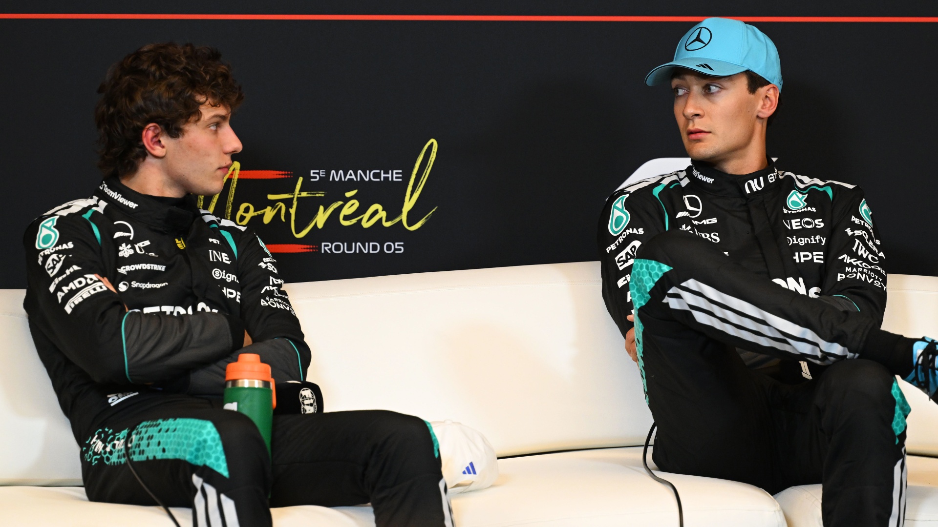 F1 drivers George Russell and Kimi Antonelli of Mercedes at the 2026 Canadian Grand Prix