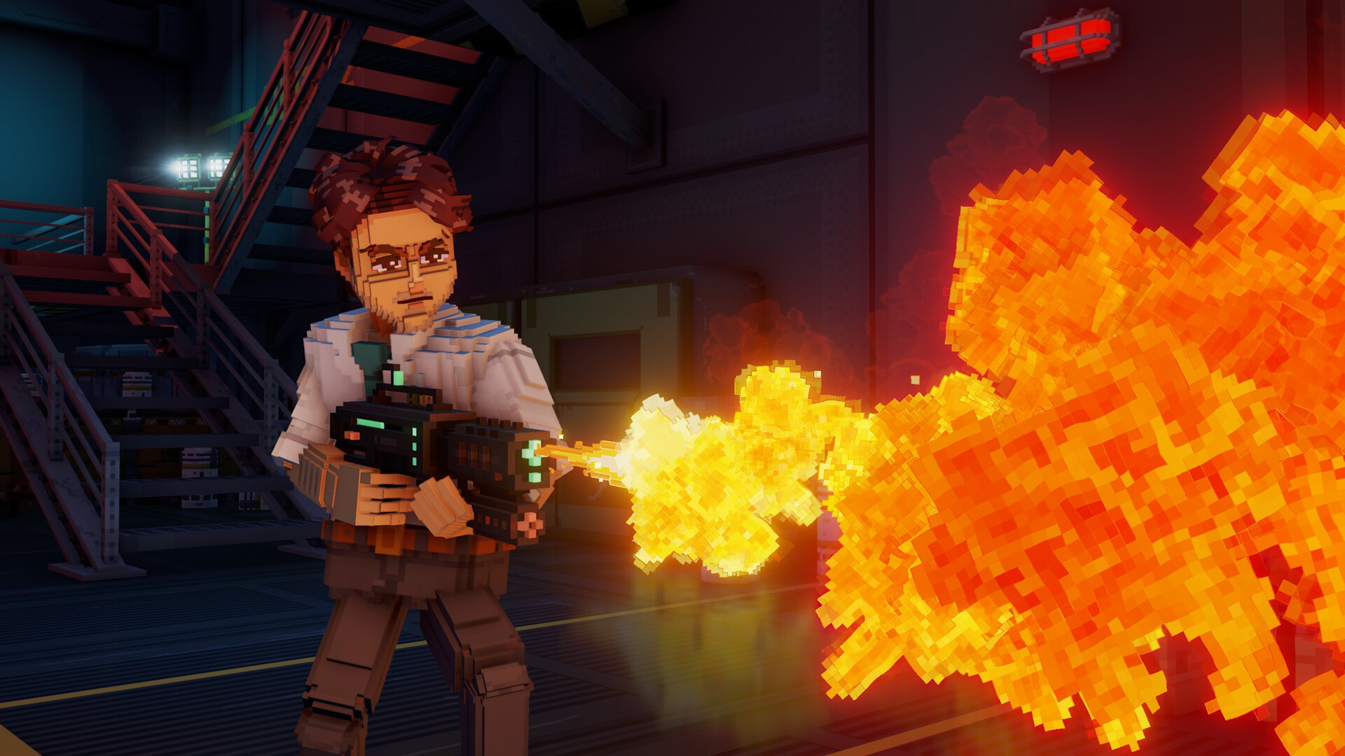 A man with glasses and a blue shirt fires a flamethrower in Echo Generation 2