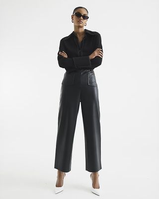 River Island, Black Faux Leather Pocket Straight Trousers