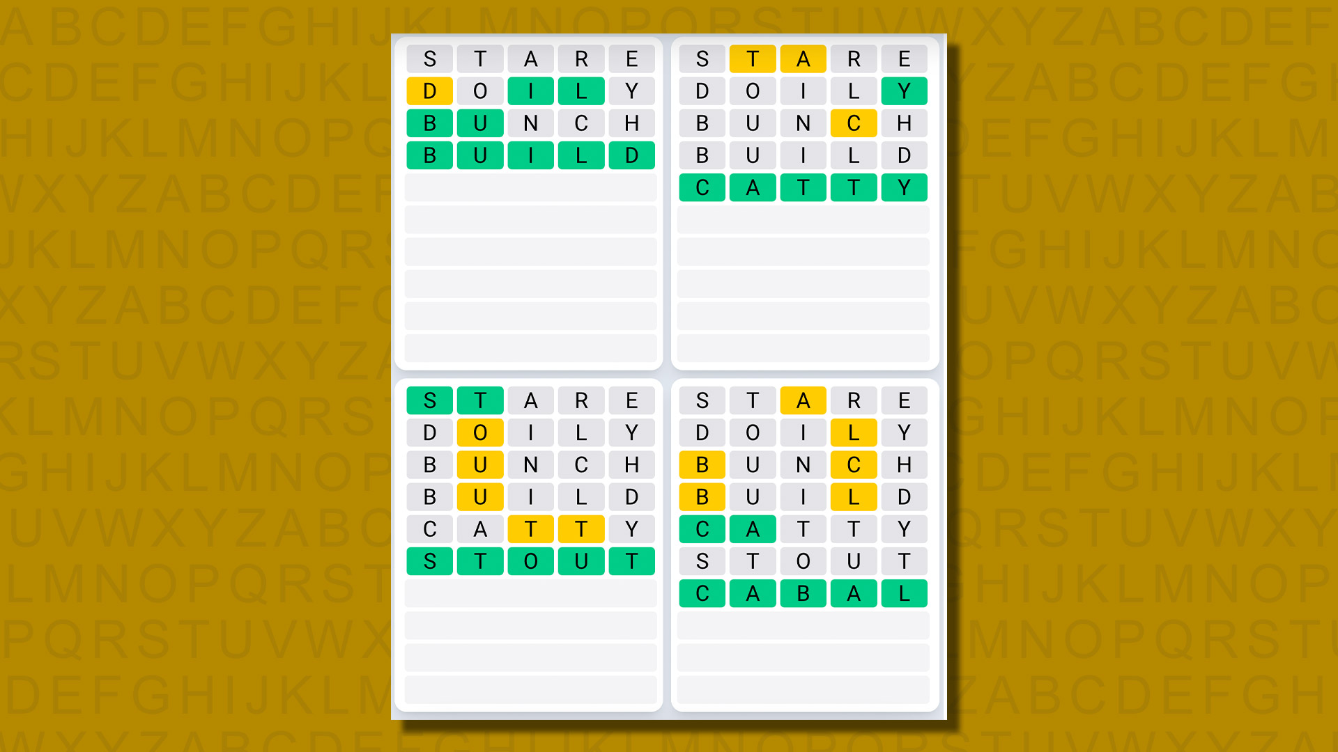 Quordle daily sequence answers for game 630 on a yellow background