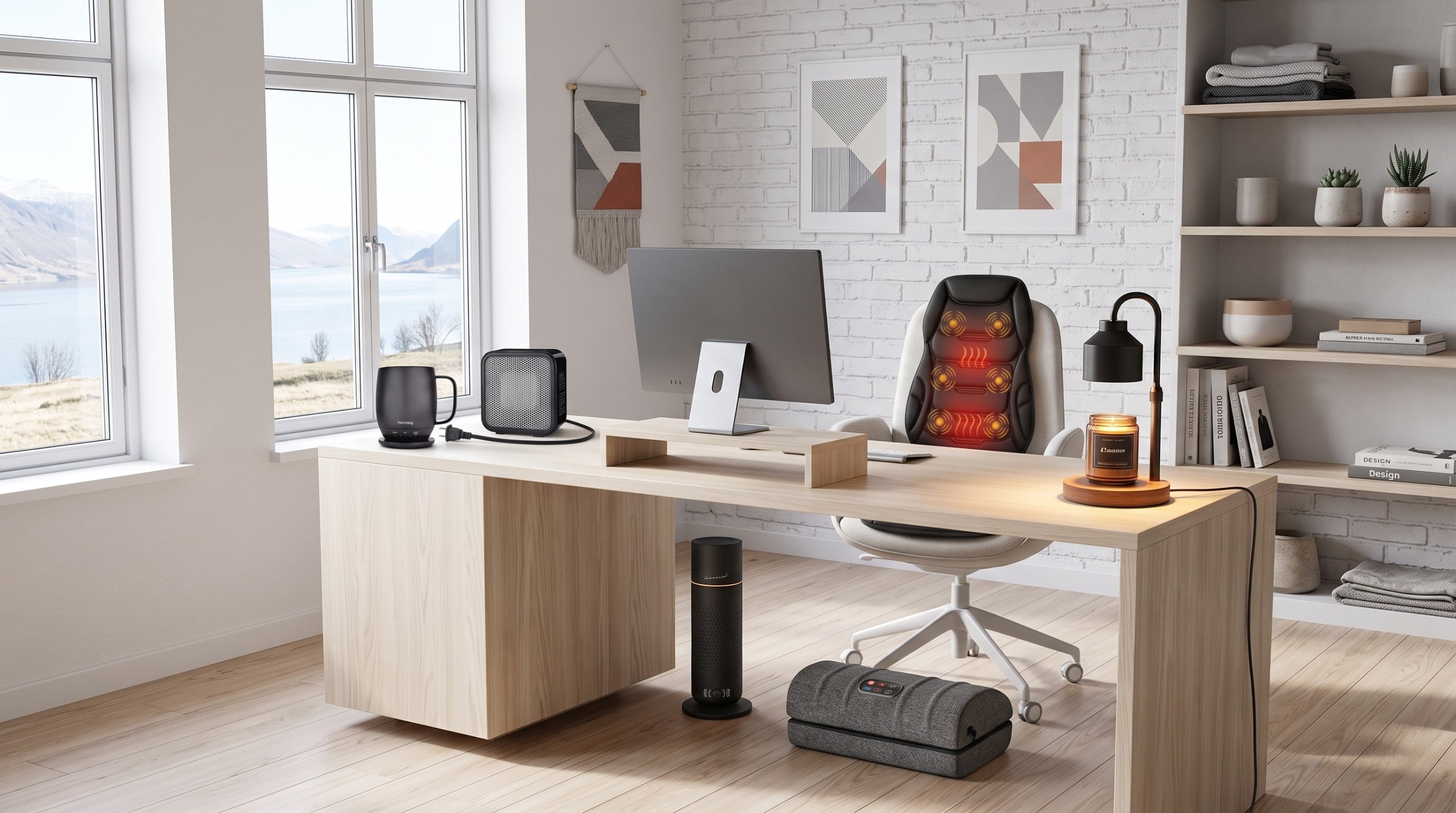 A selection of cosy desk items in a home office 