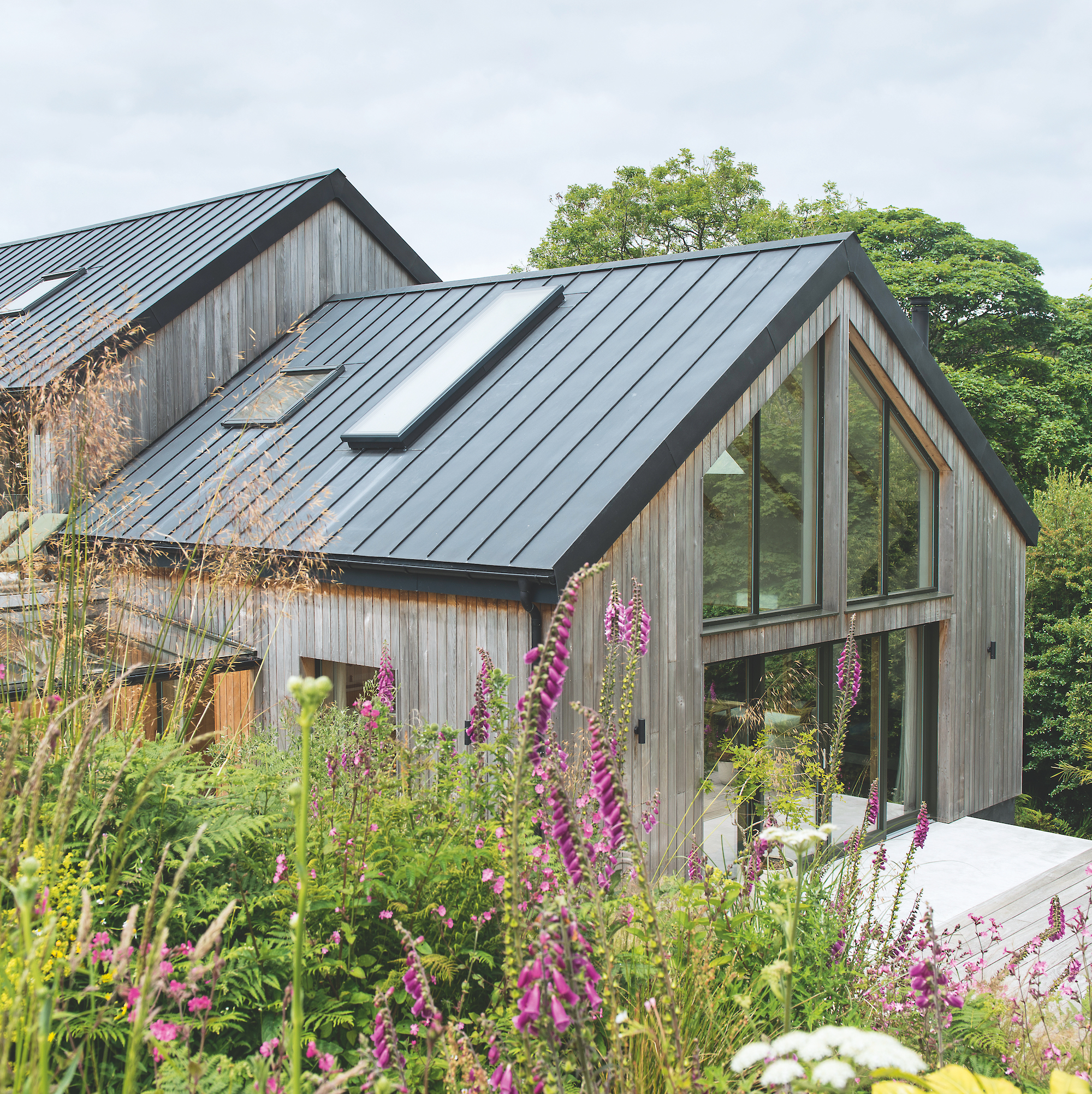 exterior of cedar clad house in cornwall with large areas of glazing and flower beds surrounding the building