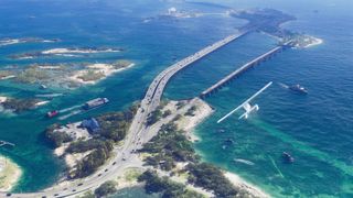 Grand Theft Auto 6 screenshot showing aerial footage of bridges across water