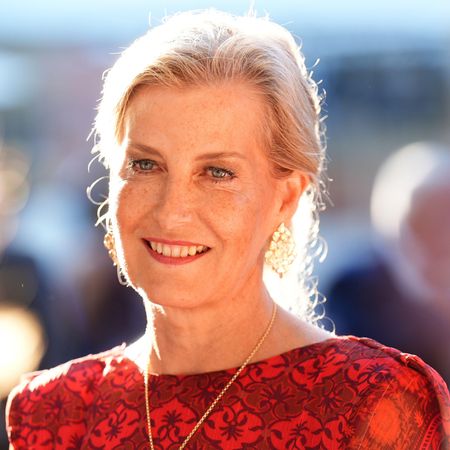 Duchess Sophie wearing a red dress and smiling