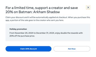 A "support a creator" pop-up for 20% off Batman: Arkham Shadow