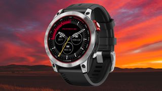 Porsche x Garmin Epix 2 watch superimposed over red sunset