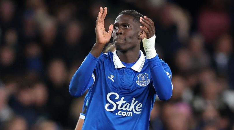 Everton&#039;s Amadou Onana applauds the fans after his side&#039;s Carabao Cup clash against Burnley in November 2023.