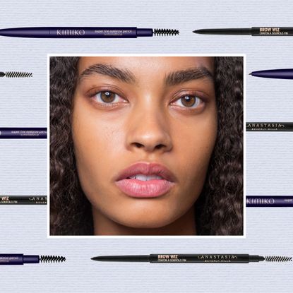 a woman with thick brows framed out against a periwinkle background with eyebrow pencils around her