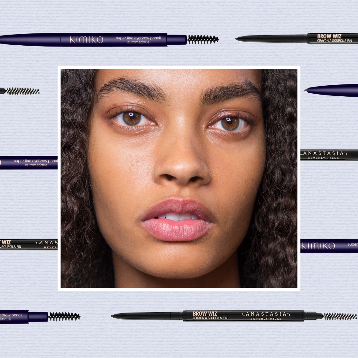 a woman with thick brows framed out against a periwinkle background with eyebrow pencils around her