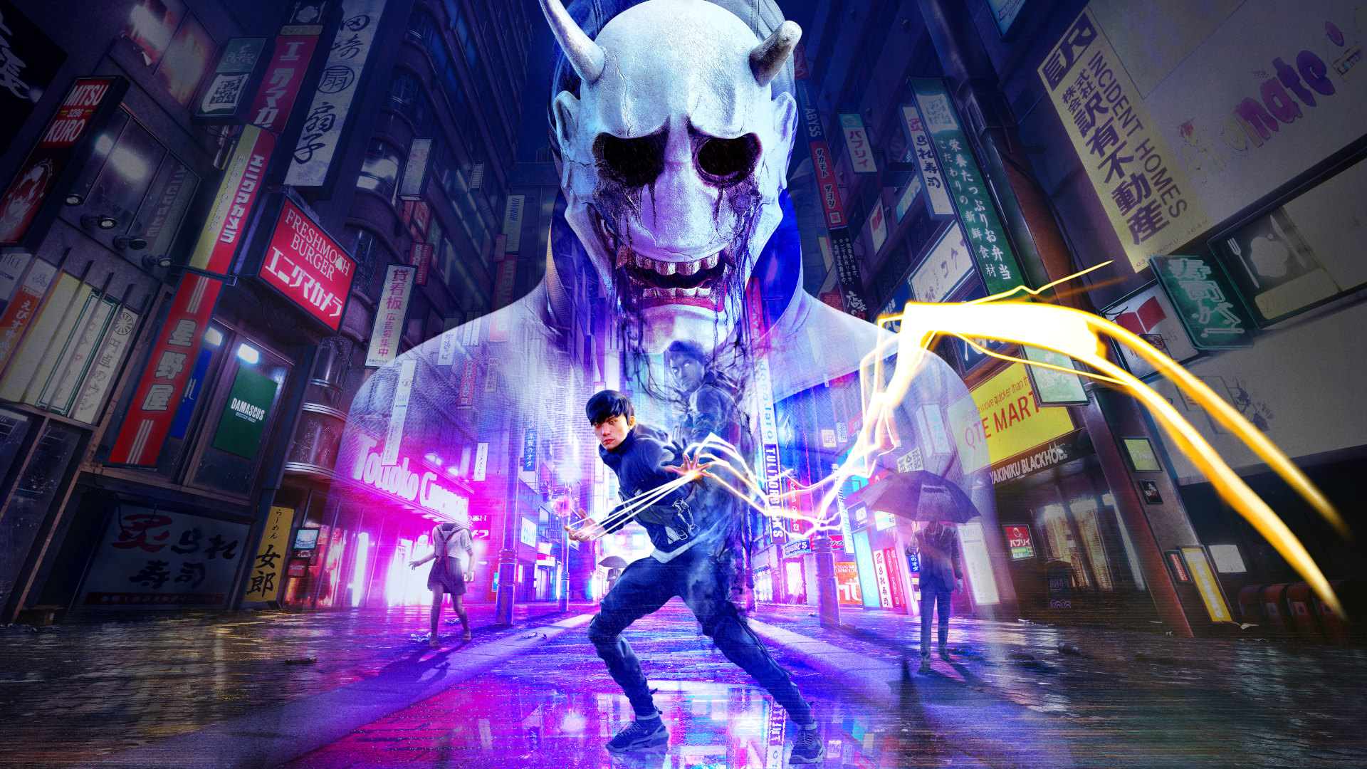 A promotional image showing the protagonist of Ghostwire Tokyo while a villain wearing a white hannya mask looms behind him