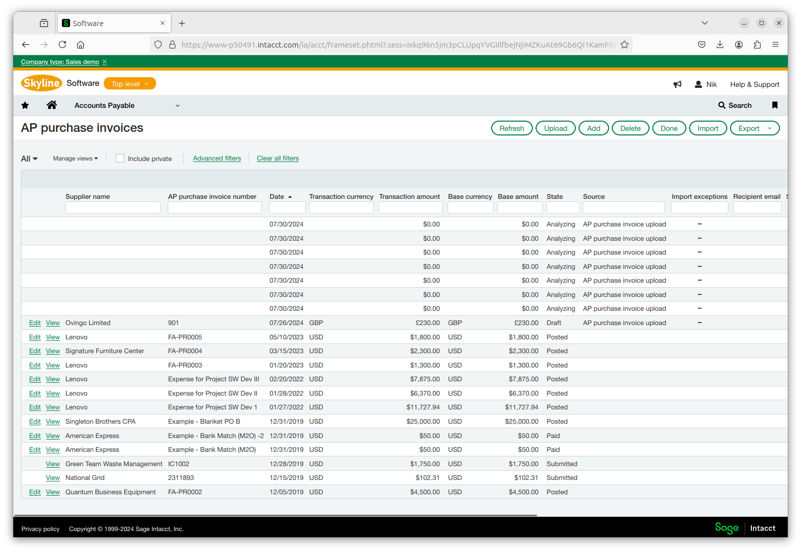 The Sage Intacct system processing multiple invoices