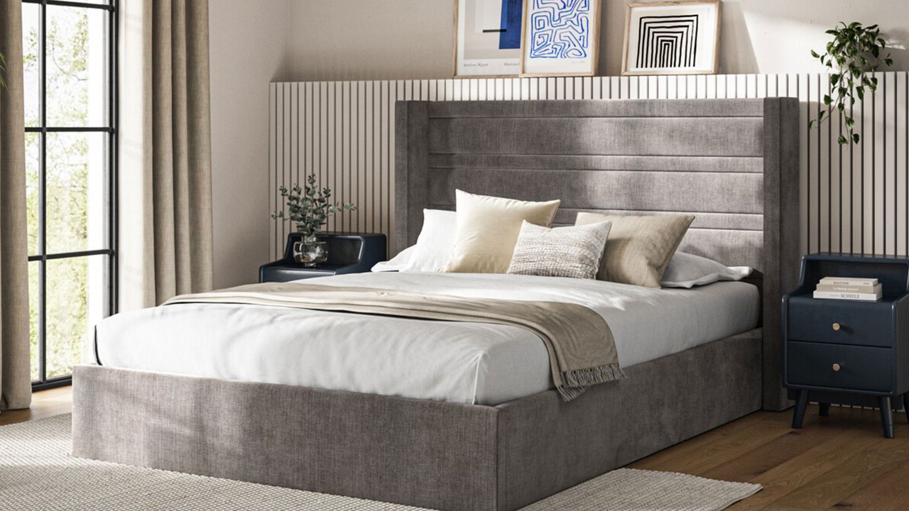 Grey velvet Luella Ottoman bed frame in neutral bedroom