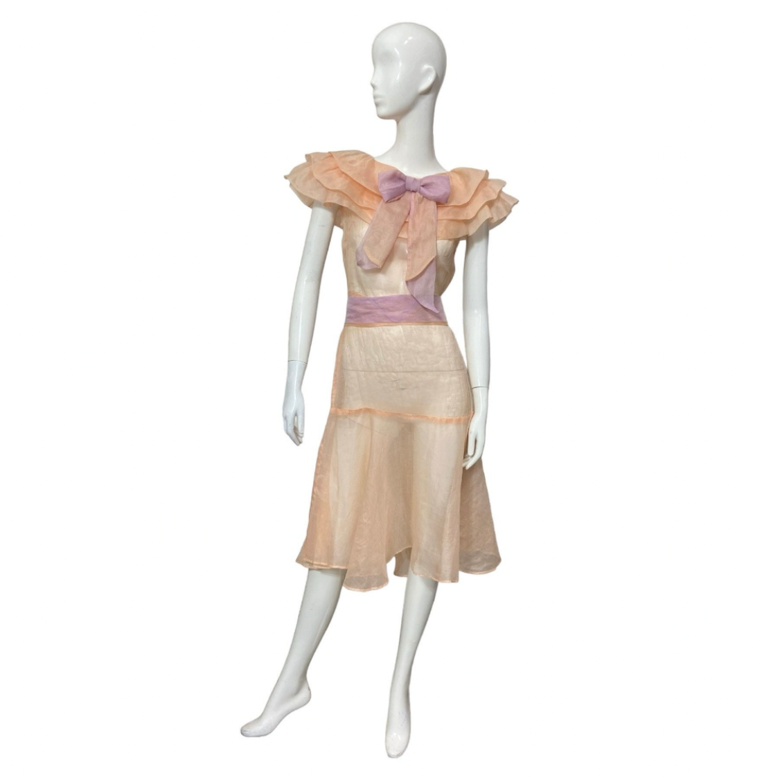 30&amp;rsquo;s Peach Organdy Dress With Ruffle Collar and Bow as Is