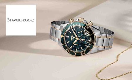 beaverbrooks logo top left with a green and sliver watch with jewellery 