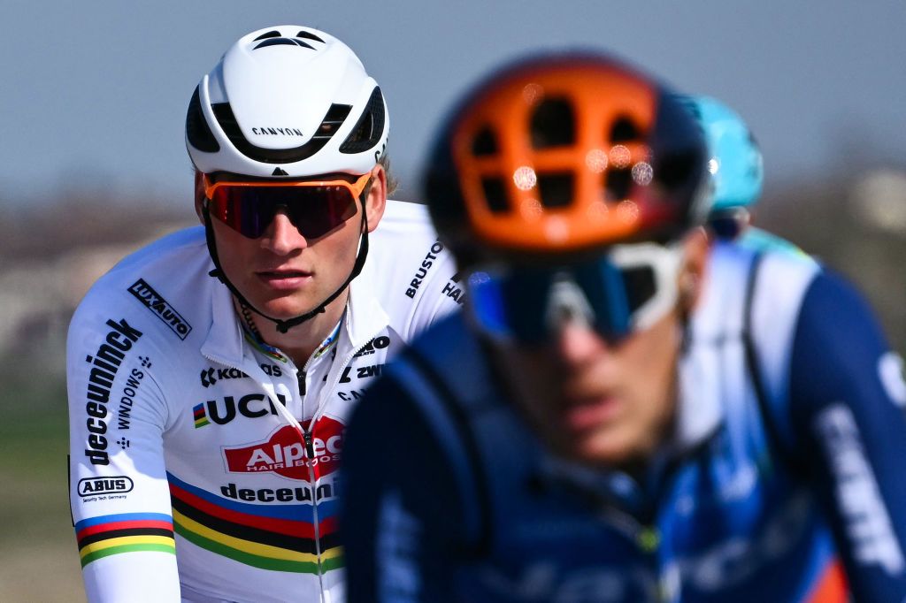 Alpecin-Deceuninck's Dutch rider Mathieu Van der Poel cycles during the 115th Milan-SanRemo one-day classic cycling race, between Pavia and SanRemo, on March 16, 2024. (Photo by Marco BERTORELLO / AFP)