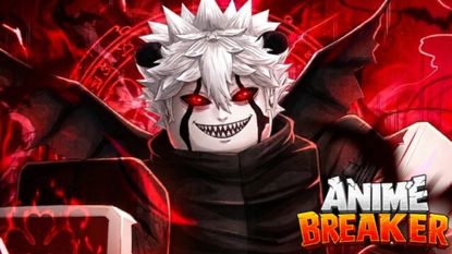A demonic white-haired character stares with glowing red eyes in Anime Breaker on Roblox.