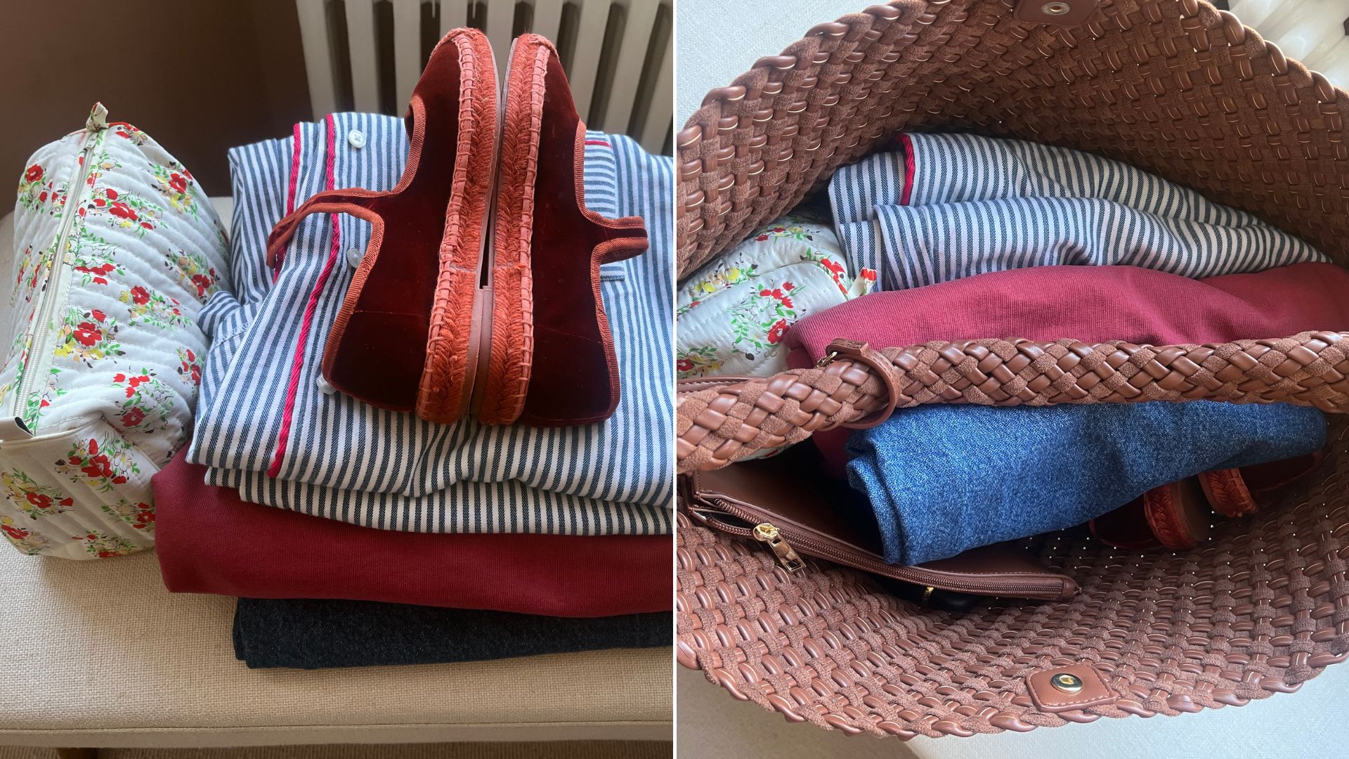 Two images of Caroline Parr packing for a night away