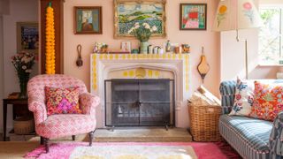 pink living room with stone fireplace