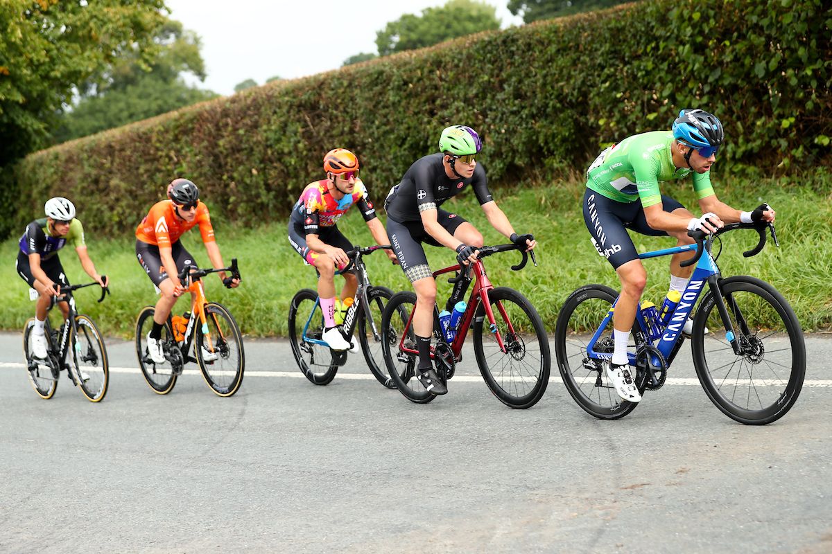 Picture by SWpix.com - 09/09/2021 - Cycling - AJ Bell Tour of Britain Stage 5 - Alderley Park to Warrington, England - The breakaway group featuring Jacob Scott of Canyon dhb SunGod (Wearing the SKODA King of the Mountains Jersey), Leon Mazzone of Saint Piran, Dan Bingham of Ribble Weldtite Pro Cycling, Nickolas Zukowsky of Rally Cycling and Christopher Blevins of TRINITY Racing