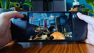 Steam Deck OLED running Dishonored with sign in view that reads "The boldest measures are the safest"