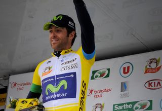 Alex Dowsett in yellow after winning the stage 3 time trial at Circuit Cycliste Sarthe - Pays de la Loire