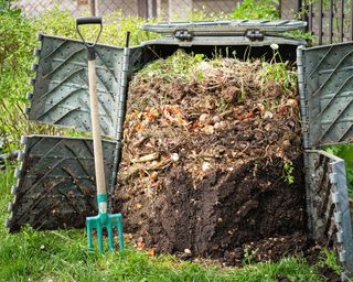 Open compost bin showing layers