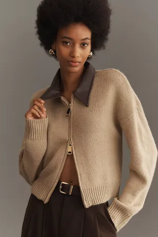 By Anthropologie, Faux Leather Mixed Cardigan Sweater